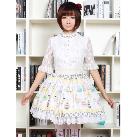 キュート ロリータ ドレス多色イースターエッグ ウサギ プリント ホワイト レース トリムとロリータ スカート