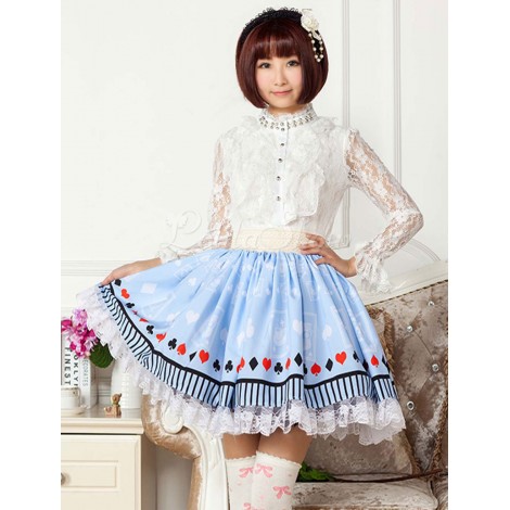 ロリータ服　スカート　プリント　ポリエステル　スウィート　ライトブルー　カジュアル　レース