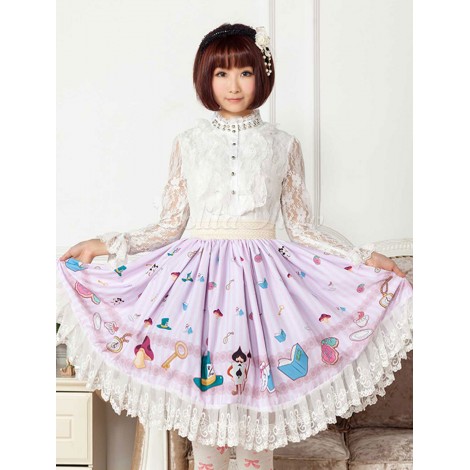 ロリータ服　プリント　ポリエステル　スウィート　ライラックカラー　カジュアル　レース