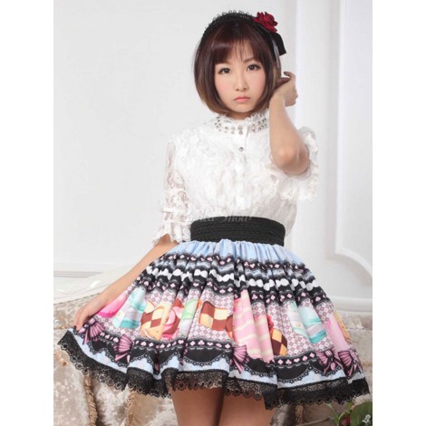 ロリータ服　スカート　ブルー　スィート　プリント　レース