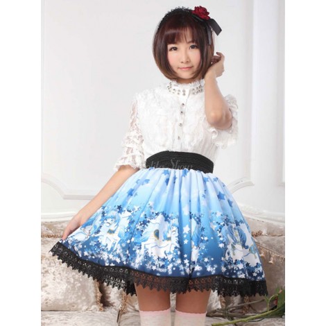 ロリータ服　スカート　ブルー　スィート　プリント　レース