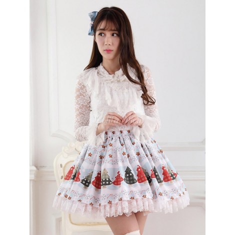 ロリータ服　スカート　ブルー　人気　スィート　プリント　レース