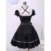 ゴスロリ　コットン　ロリィタワンピース　半袖　ブラック　レースアップ　白いレーストリム