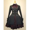 ゴスロリ軍服ワンピース　OP　ブラック　コットン　ダブルブレスト　ボタン　長袖　リボン　アイドル衣装　フリル　制服ワンピース