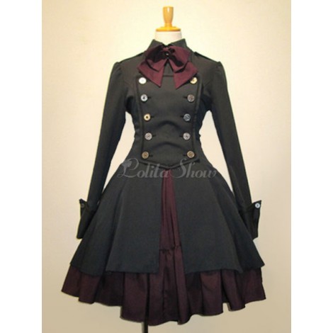 ゴスロリ軍服ワンピース　OP　ブラック　コットン　ダブルブレスト　ボタン　長袖　リボン　アイドル衣装　フリル　制服ワンピース
