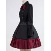 ゴスロリ軍服ワンピース　OP　ブラック　コットン　ダブルブレスト　ボタン　長袖　リボン　アイドル衣装　フリル　制服ワンピース