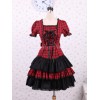 ゴスロリ　ギンガム　ロリィタワンピース　レッド＆ブラック　半袖　レースアップ