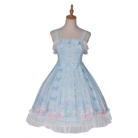 スウィートロリータドレスJSKアニマルプリント弓レースアップベビーブルーロリータジャンパースカート