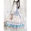 ロリィタ　童話柄　ジャンパースカート　フリル　膝丈　仮装　ノースリーブ　甘ロリ　JSKドレス　ライトスカイブルー　プリント柄　ロリータジャンパースカート