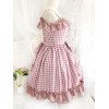 ロリィタジャンパースカート　ワインレッド　チェック柄　フリル　膝丈　姫ロリ　リポン　甘ロリ　ロリィタファッション