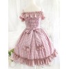 ロリィタジャンパースカート　ワインレッド　チェック柄　フリル　膝丈　姫ロリ　リポン　甘ロリ　ロリィタファッション