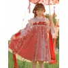 中華ロリ　JSKドレス　ジャンパースカート　レッド　中国風　ロリィタワンピース　赤い　ノースリーブ　刺繍　リボン　プリーツ