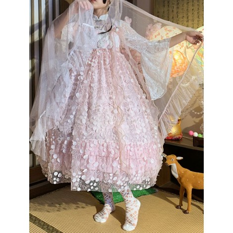 中華ロリ　ジャンパースカート　ピンク　中国風　ロリータJSKドレス　ノースリーブ　刺繍　スパンコール　ロリータ　スイート