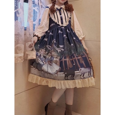 クラシックロリータJSKドレスフォレストコヴナントプリントフリルボウディープブルーロリータジャンパースカート