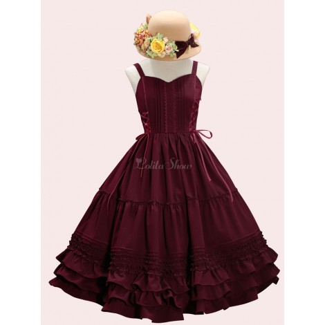 スウィートロリータJSKドレスレースアップフリルコットンロリータジャンパースカート