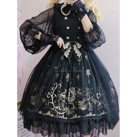 ゴスロリ　JSKドレス　ブラック　ドリームランドガーデン　童話モチーフ柄　ロリィタジャンパースカート付き　オーバースリーブ