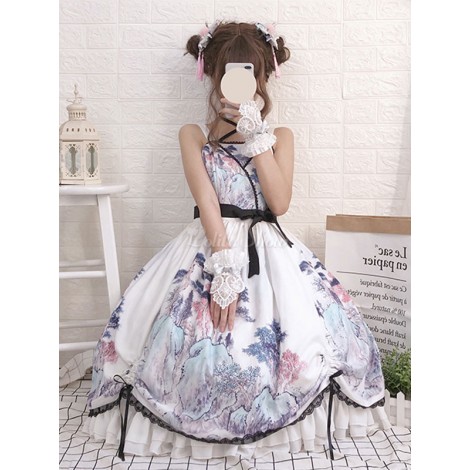 中国風ロリータJSKドレス瞑想プリントホワイトボウロリータジャンパースカート
