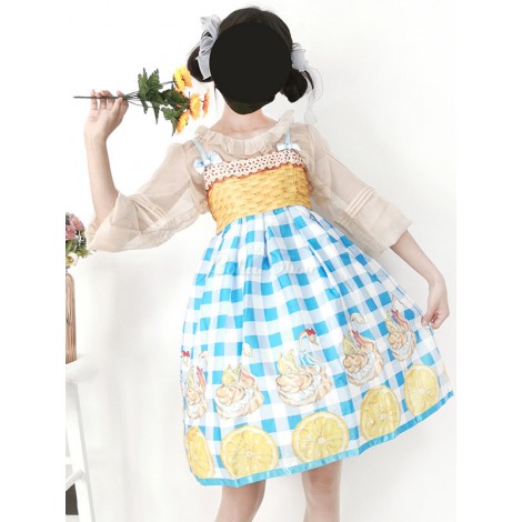 甘いロリータJSKドレスレモンバスケットブルーノースリーブボウロリータジャンパースカート