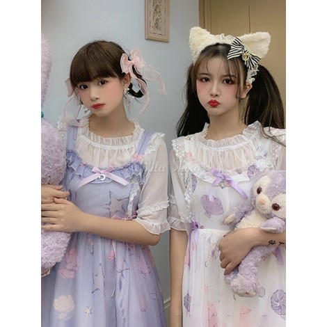 甘いロリータJSKドレスヒトデシェルプリント弓フリルロリータジャンパースカート