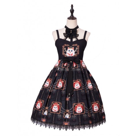 クラシックロリータJSKドレス　2020　クラウンキャット柄　リボン　レースストラップ　ブラックロリータジャンパースカート