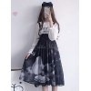 クラシックロリータJSKドレスブラックプリントレースフリルプリーツシフォンロリータジャンパスカート