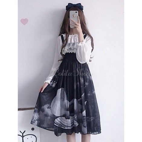 クラシックロリータJSKドレスブラックプリントレースフリルプリーツシフォンロリータジャンパスカート