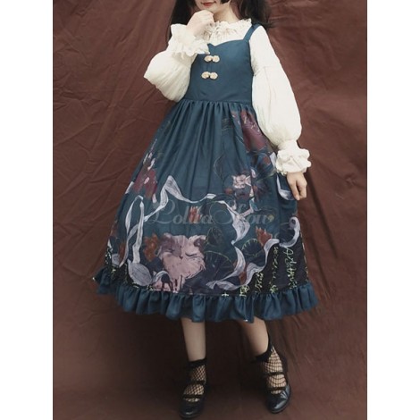 中国スタイルロリータJSKドレスプリントフリルボウブルーロリータジャンパスカート