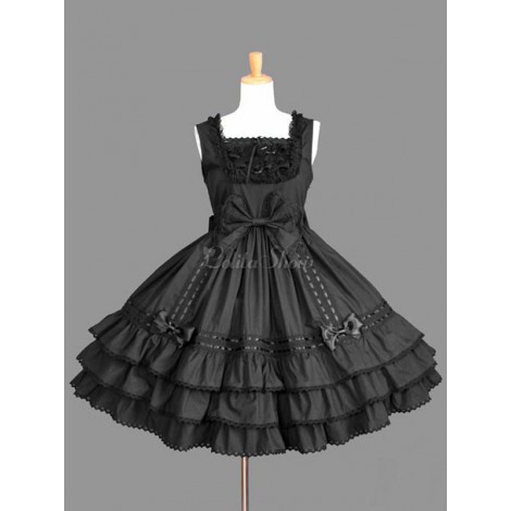 スウィートロリータJSKドレスレースアップボウフリルコットンブラックロリータジャンパースカート