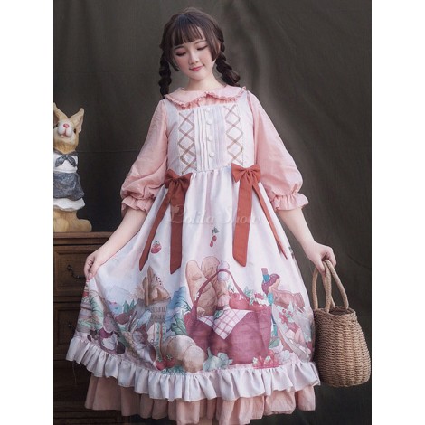 スウィートロリータJSKドレスハムスターピクニックプリントレースアップボウフリルロリータジャンパースカート