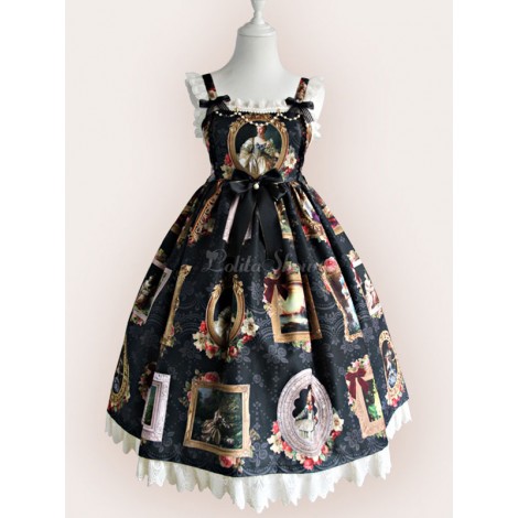 スウィートロリータJSKドレスヴェルサイユガールズプリントフリルボウシフォンブラックロリータジャンパースカート