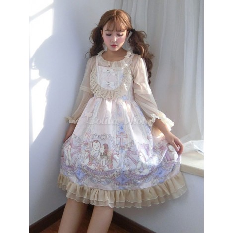 スウィートロリータJSKドレスプリントフリルアプリコットロリータジャンパースカート