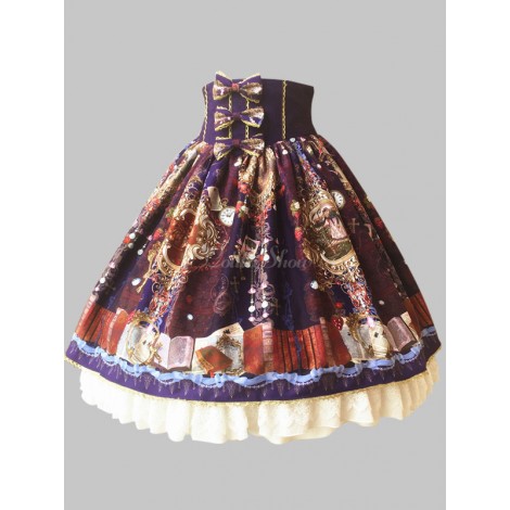 クラシックロリータスカートプリントレーストリムフリルボウプリーツシフォンロリータスカート