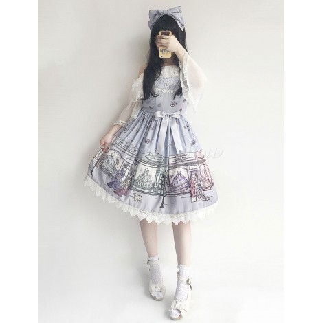 ロリィタジャンパースカート　グレーブルー　クラシック＆トラディション　シフォン　ストラップ　プリント柄