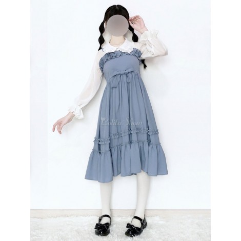 スウィートロリータJSKワンピースシンデレラフリルボウロングブルーシフォンジャンパースカート