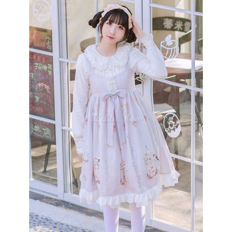 ケージの鳥の古典的なロリータJSK歌フリル弓プリーツライトピンクロリータジャンパースカート