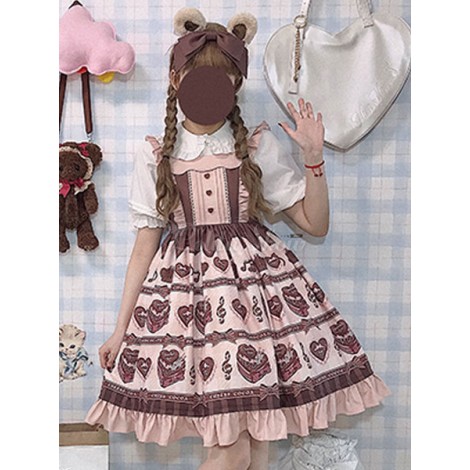 Sweet Lolita JSKドレスチョコレートラブソングプリントフリルピンクロリータジャンパースカート