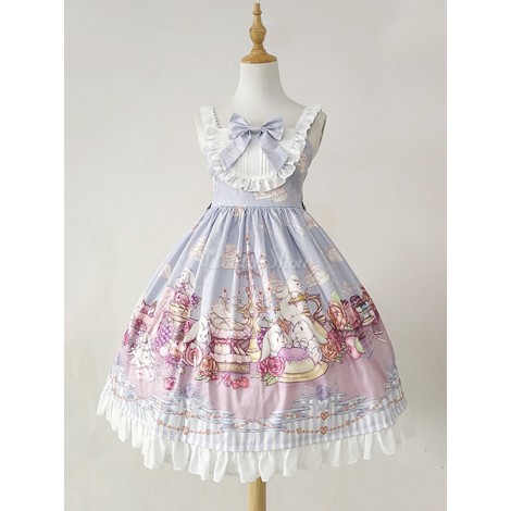 スウィートロリータJSKドレス　2020　茶うさぎ　ラッフル　リボン　ライトブルーロリータジャンパー スカート