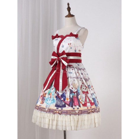 クラシックロリータJSKドレス　2020　昭和ウサギプリント　リボン　ラッフルロリータジャンパー スカート