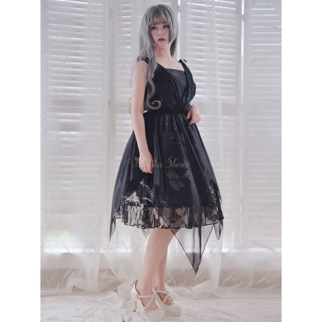 クラシックロリータJSKドレスドロシーナイトパールプリーツシフォンブラックロリータジャンパースカート