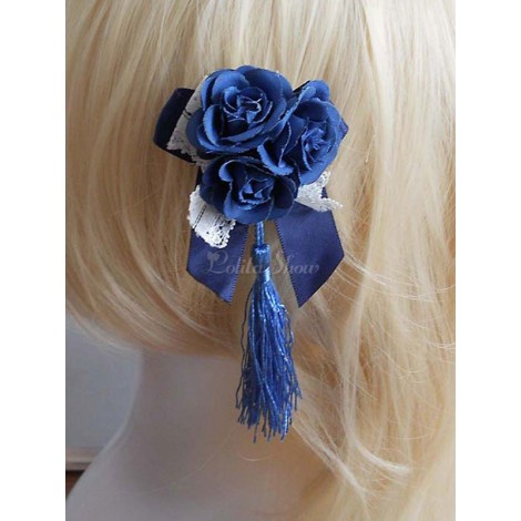 ロリィタ髪飾り　ロイヤルブルー　髪飾り　2カラーブロック　スウィート　　フリンジ　カジュアル
