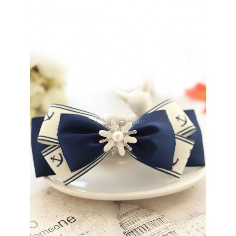 ロリィタアクセサリー　ネイビーブルー　合成繊維　レトロ　パーティー　リボン