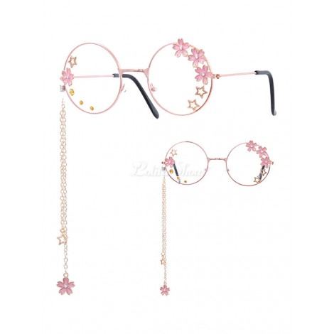 スウィートロリータメガネピンクチェーンフラワースターラウンドフレームサングラス