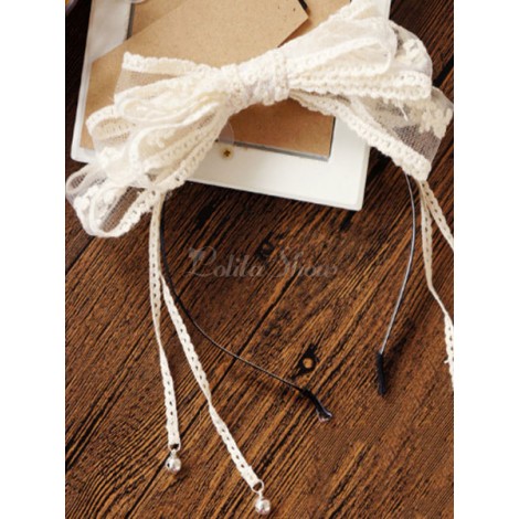 スウィートロリータヘアバンドレースフリンジボウチュールホワイトロリータヘアアクセサリー