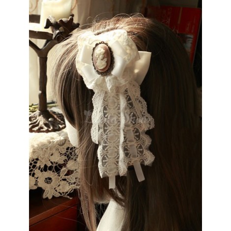 ロリィタヘッドドレス　ホワイト　髪飾り　無地　クラシック＆トラディション　シフォン　ポリエステル　金属飾り　リボン　お茶会