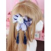 ロリィタ髪飾り　ディープブルー　リボン柄　チャイナスタイル　シフォン　ポリエステル　フリンジ　ベル