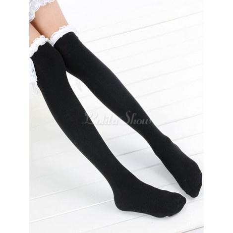 ロリィタ靴下　ブラック　ゴシック　コットン　アウトドア　ニーハイソックス