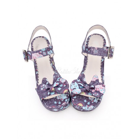 スウィートロリータサンダルプリントボウバックルウェッジヒールPUロリータシューズ