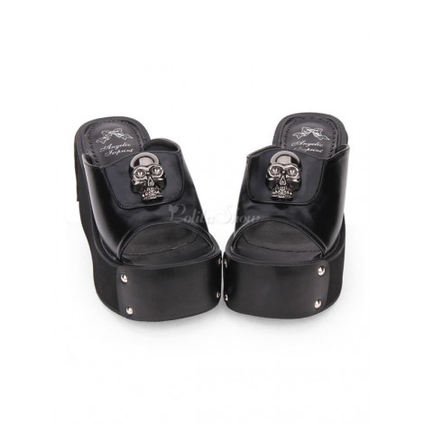 ゴシックロリータサンダルメ​​タリックスカルリベットプラットフォームブラックロリータハイヒールスリッパ