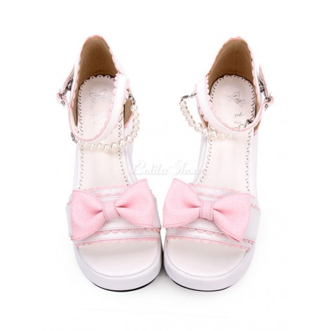 甘いロリータサンダルボウパールPUピンクロリータフラットシューズ