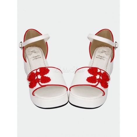 白チー ロリータ サンダル プラットフォーム赤の中国風ボタン